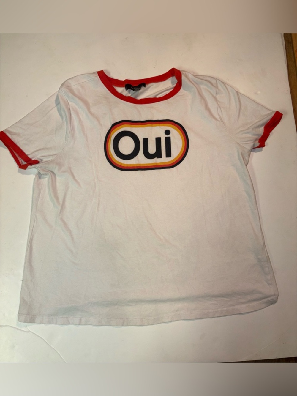 Forever 21 tshirt Women's Oui T Shirt Gray Orange  / Red / Black Trim Retro Tee